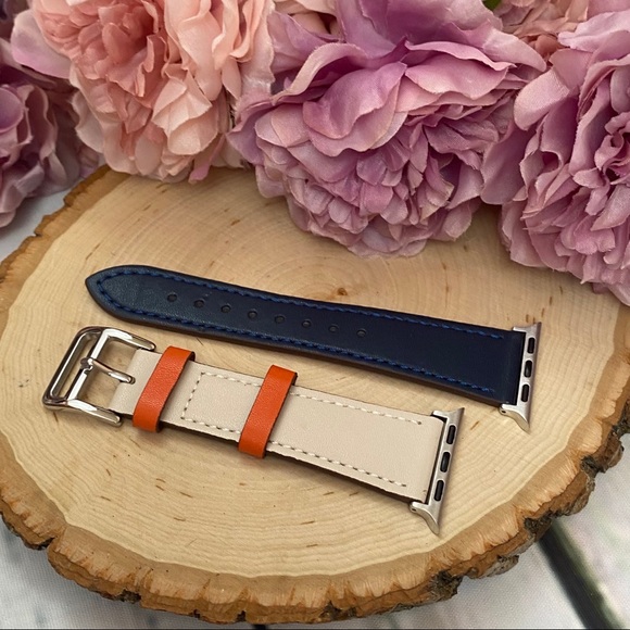 Two Tone Navy & Cream Leather Watchband for Apple - Picture 7 of 11